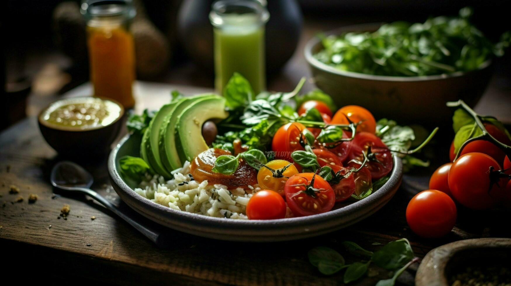 Fresco vegetariano comida en rústico de madera mesa sano comiendo foto