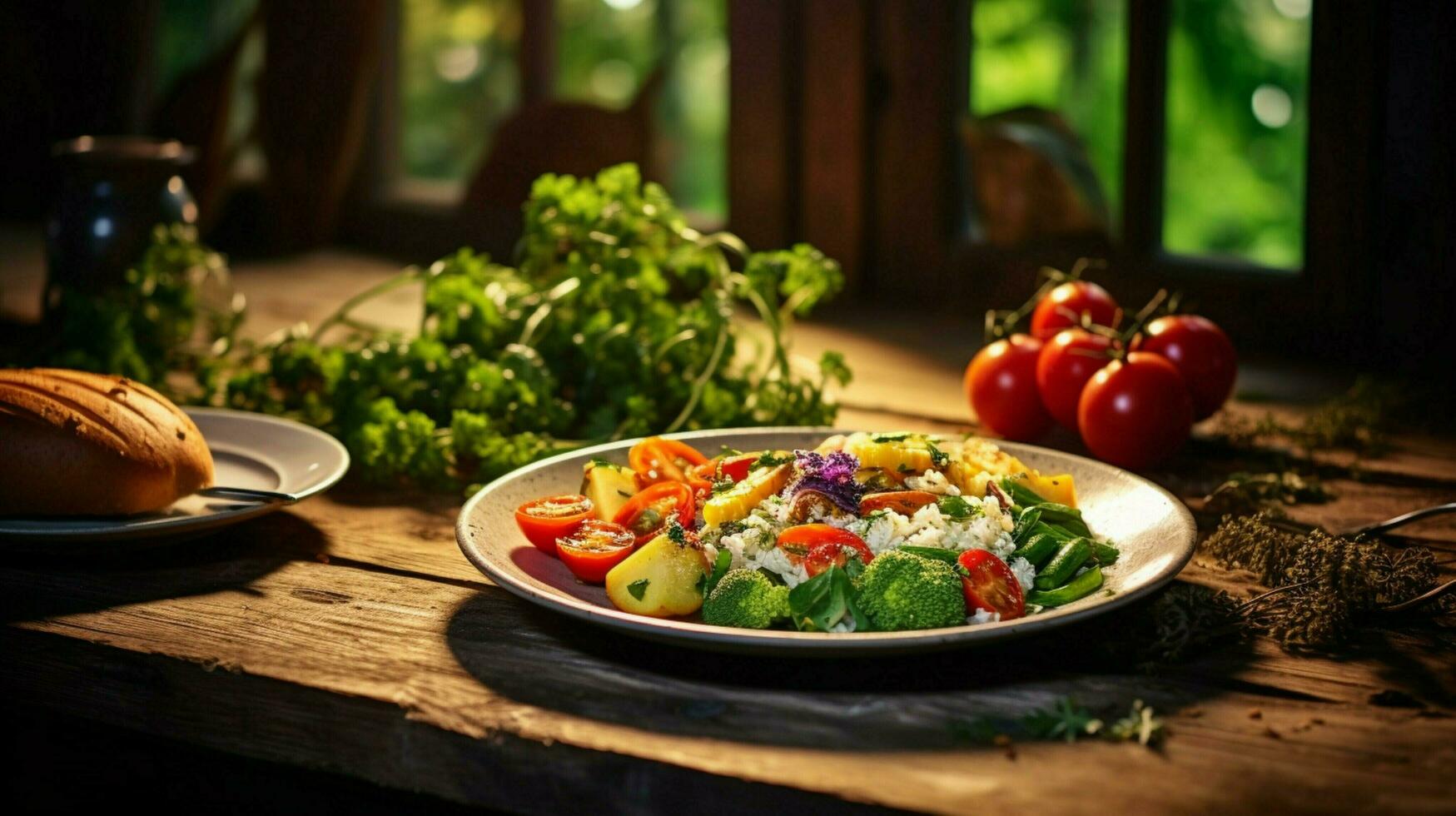 Fresco vegetariano comida en rústico de madera mesa sano comiendo foto