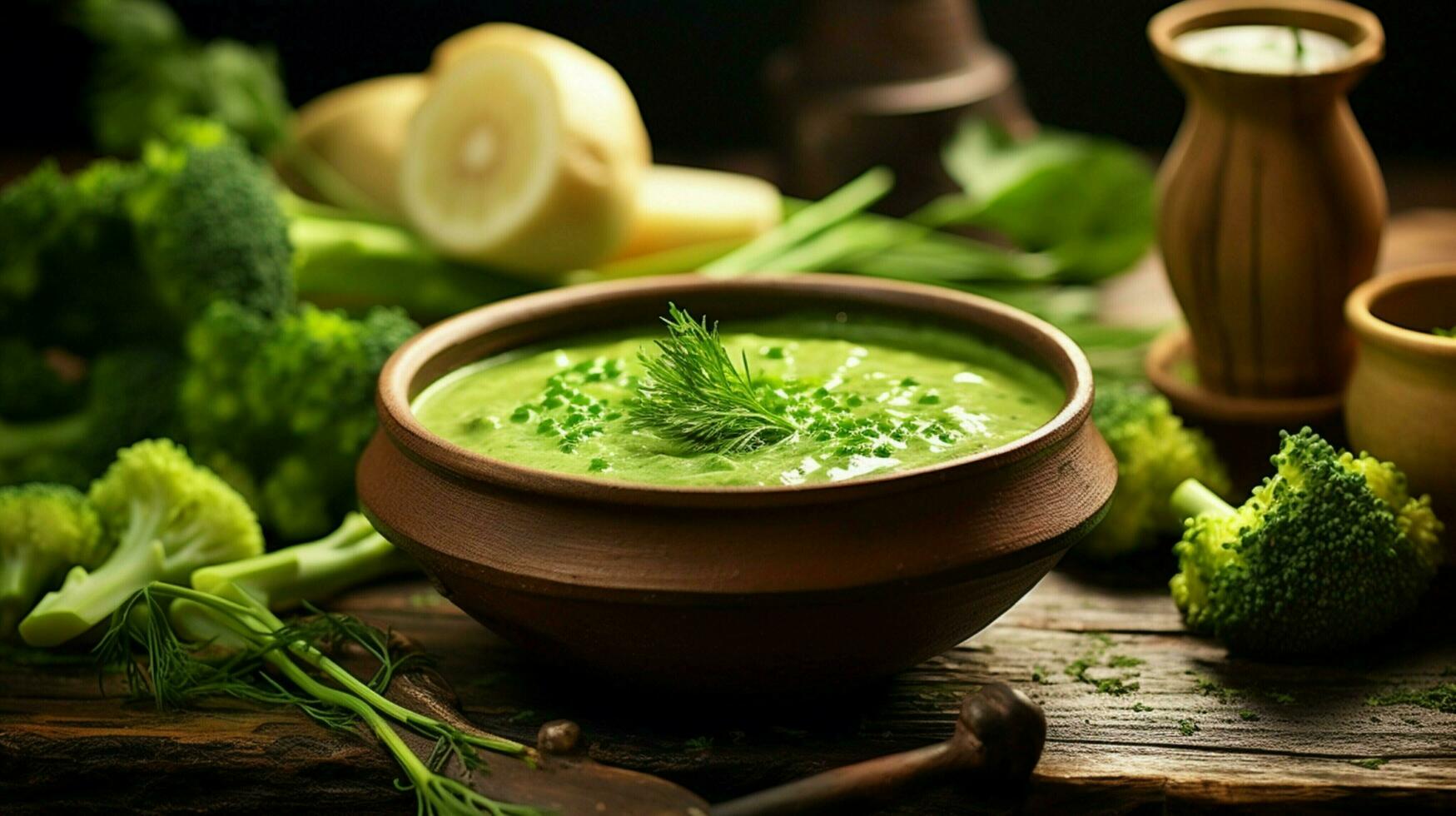Fresco vegetariano sopa con orgánico verde vegetales foto