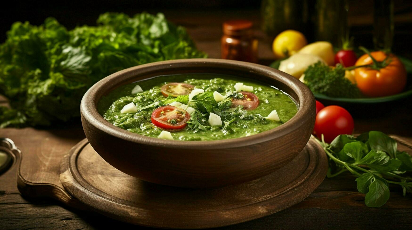 fresh vegetarian soup with organic green vegetables photo