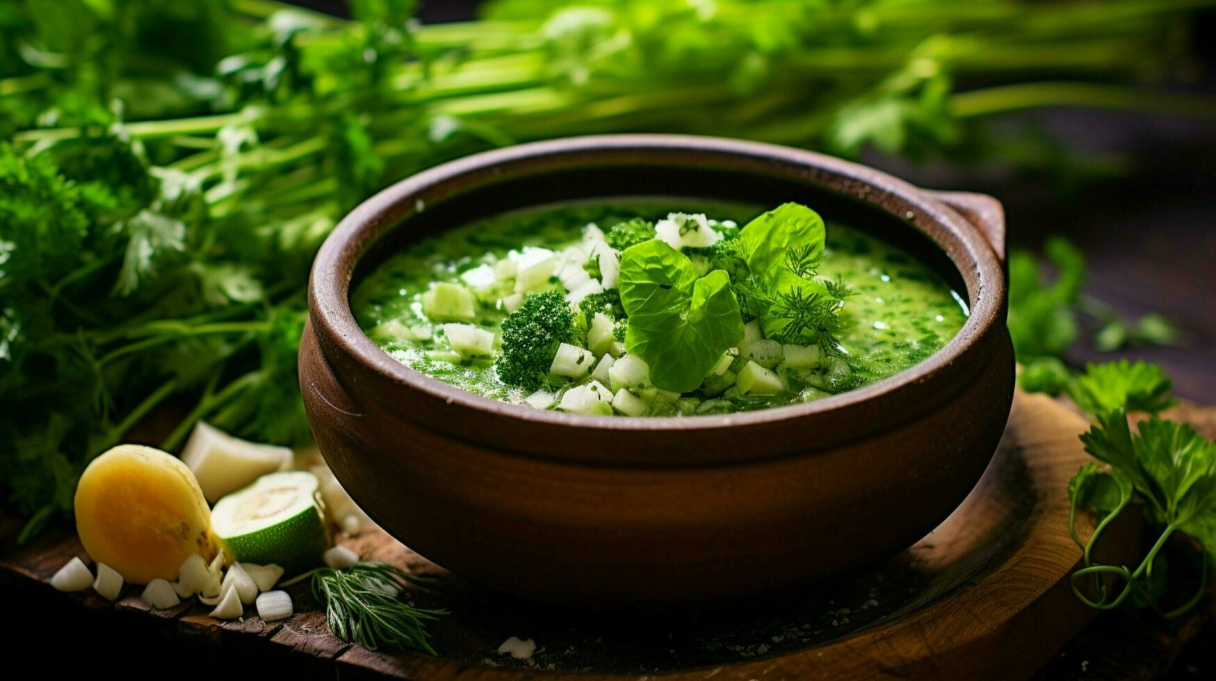 fresh vegetarian soup with organic green vegetables photo