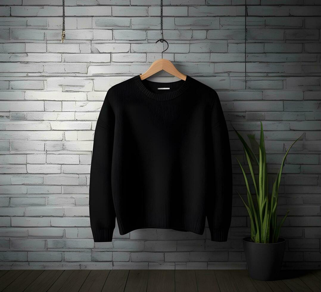 Black sweater mockup with brick background ai generate photo