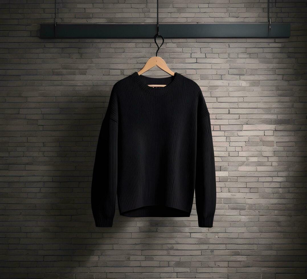 Black sweater mockup with brick background ai generate photo