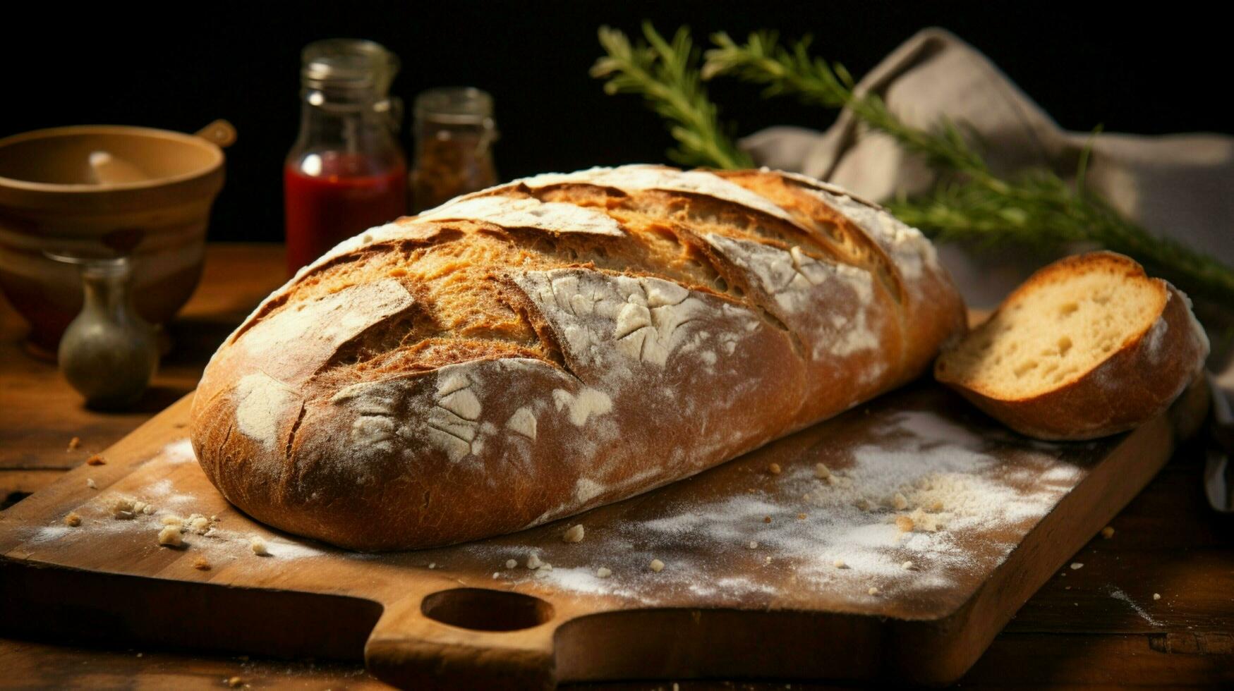 freshly baked homemade bread on a rustic wooden cutting photo