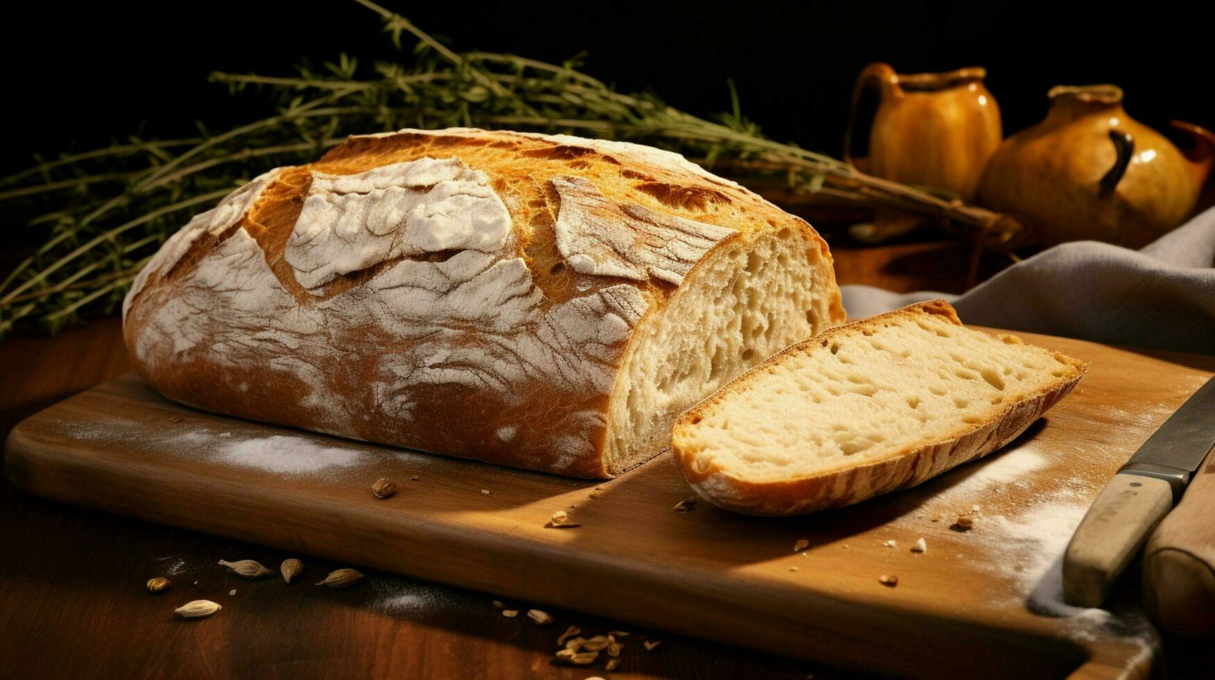 freshly baked homemade bread on a wooden plate ready photo