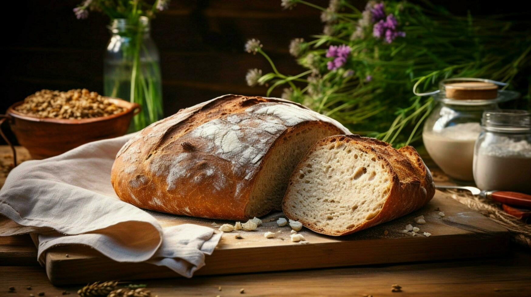 freshly baked homemade bread on rustic wooden table photo