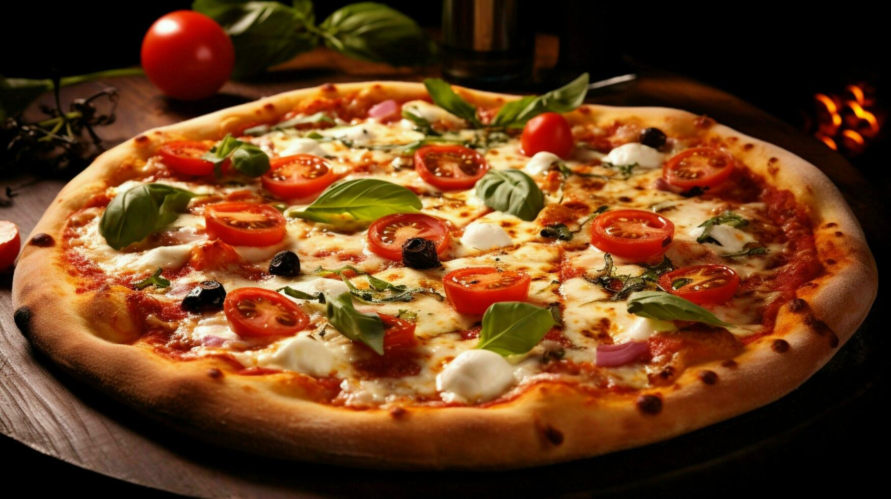 freshly baked pizza with mozzarella tomato and vegetable photo