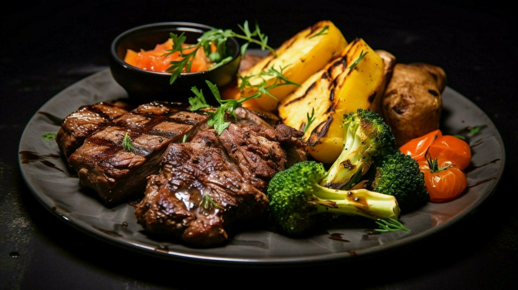 freshly cooked gourmet meal with grilled meat and vegetable photo