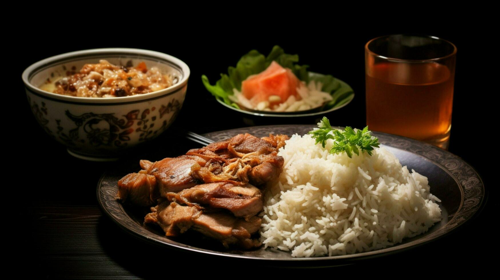 freshly cooked meal of pork and rice photo