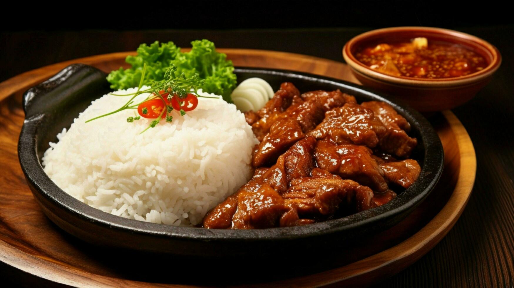 freshly cooked meal of pork and rice photo