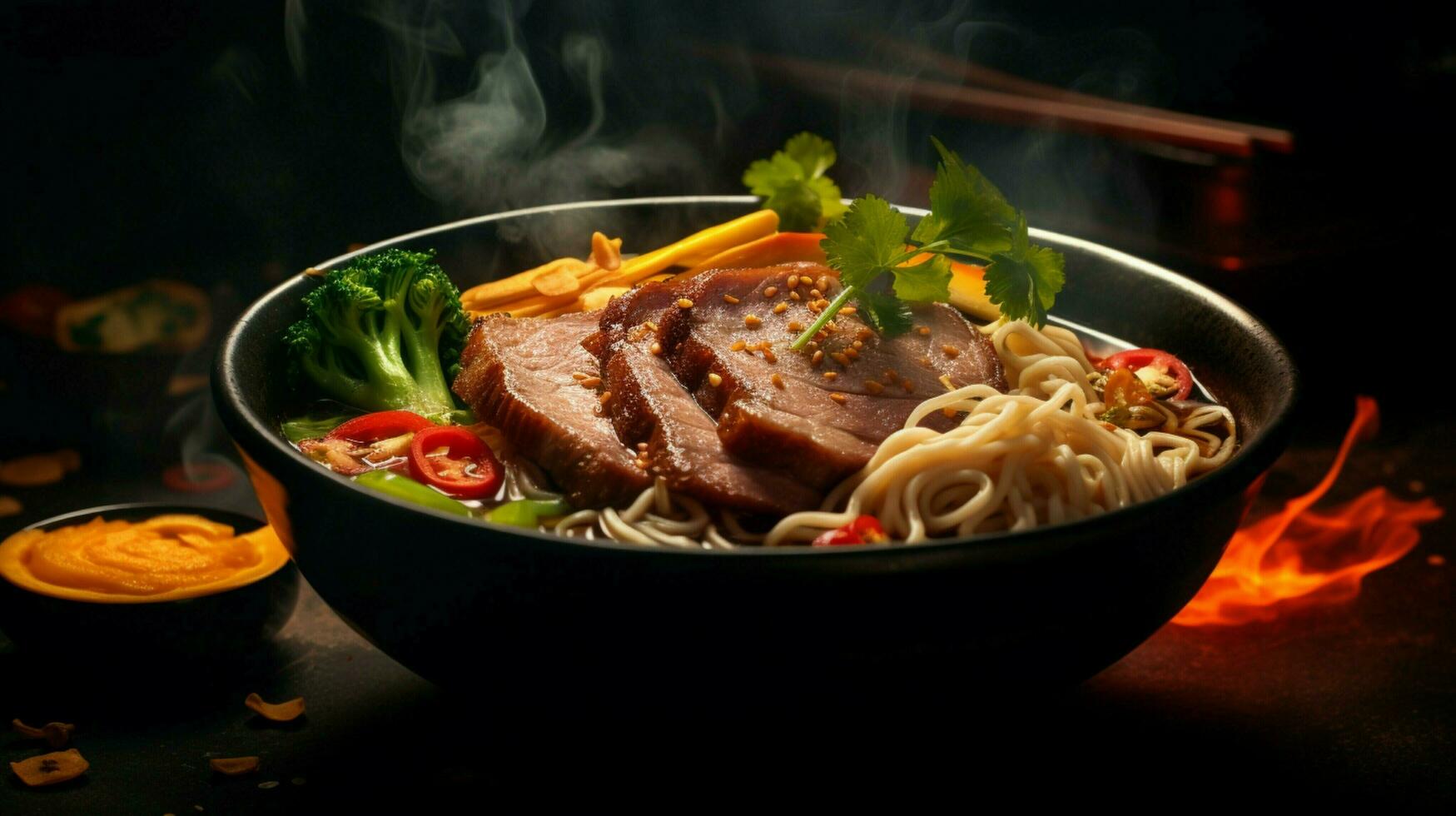 freshly cooked ramen noodles in a bowl with vegetables photo