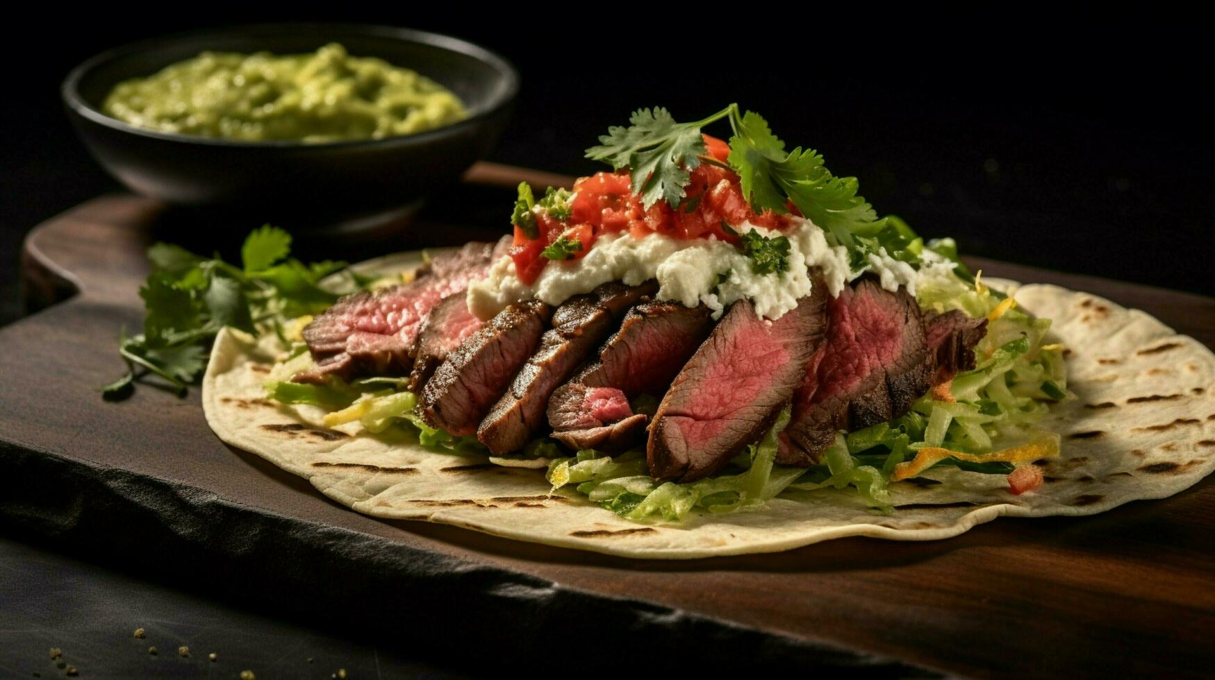 freshly grilled beef taco with guacamole cilantro photo