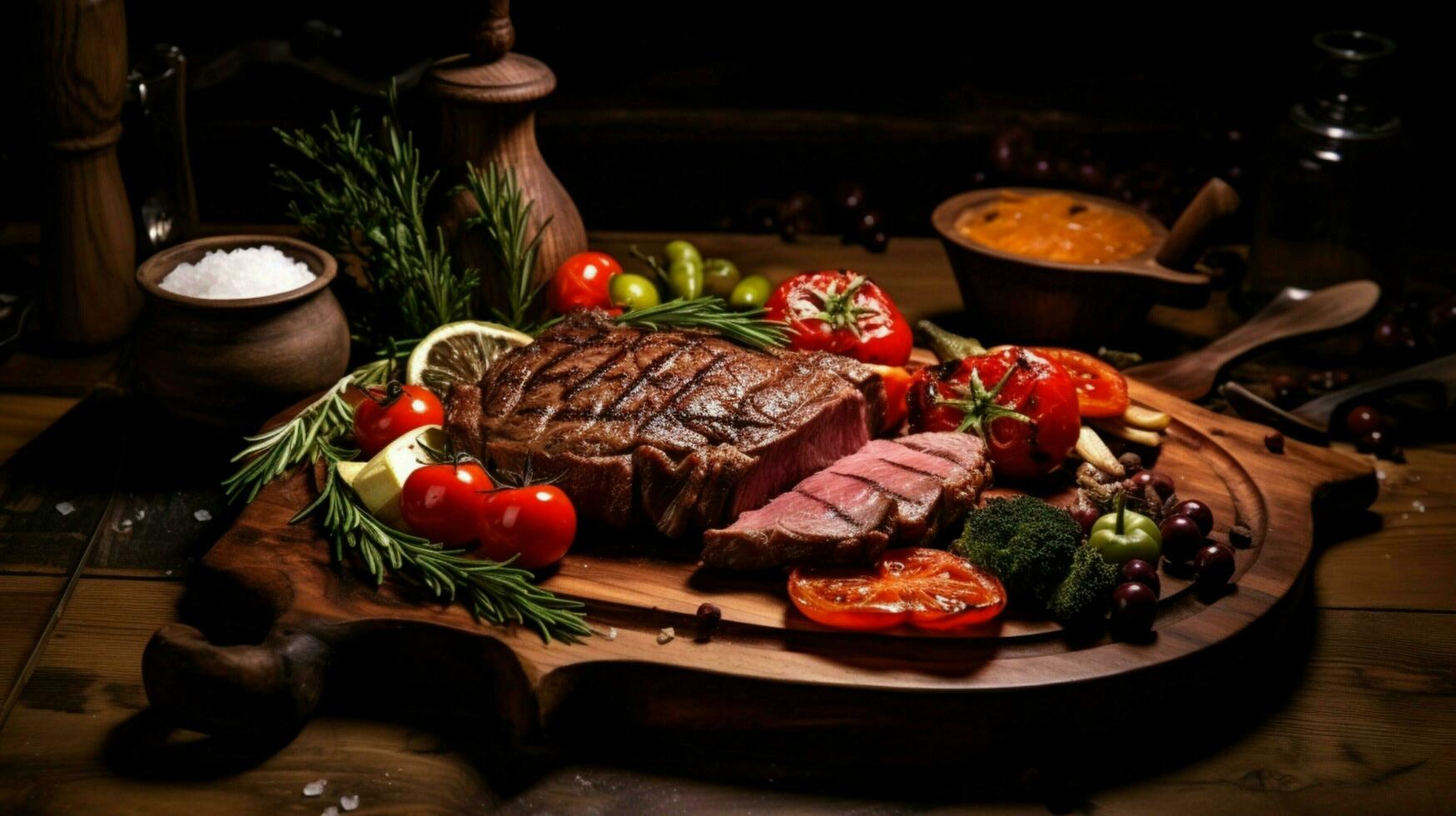 frescura y gastrónomo carne comida en un rústico de madera plato foto