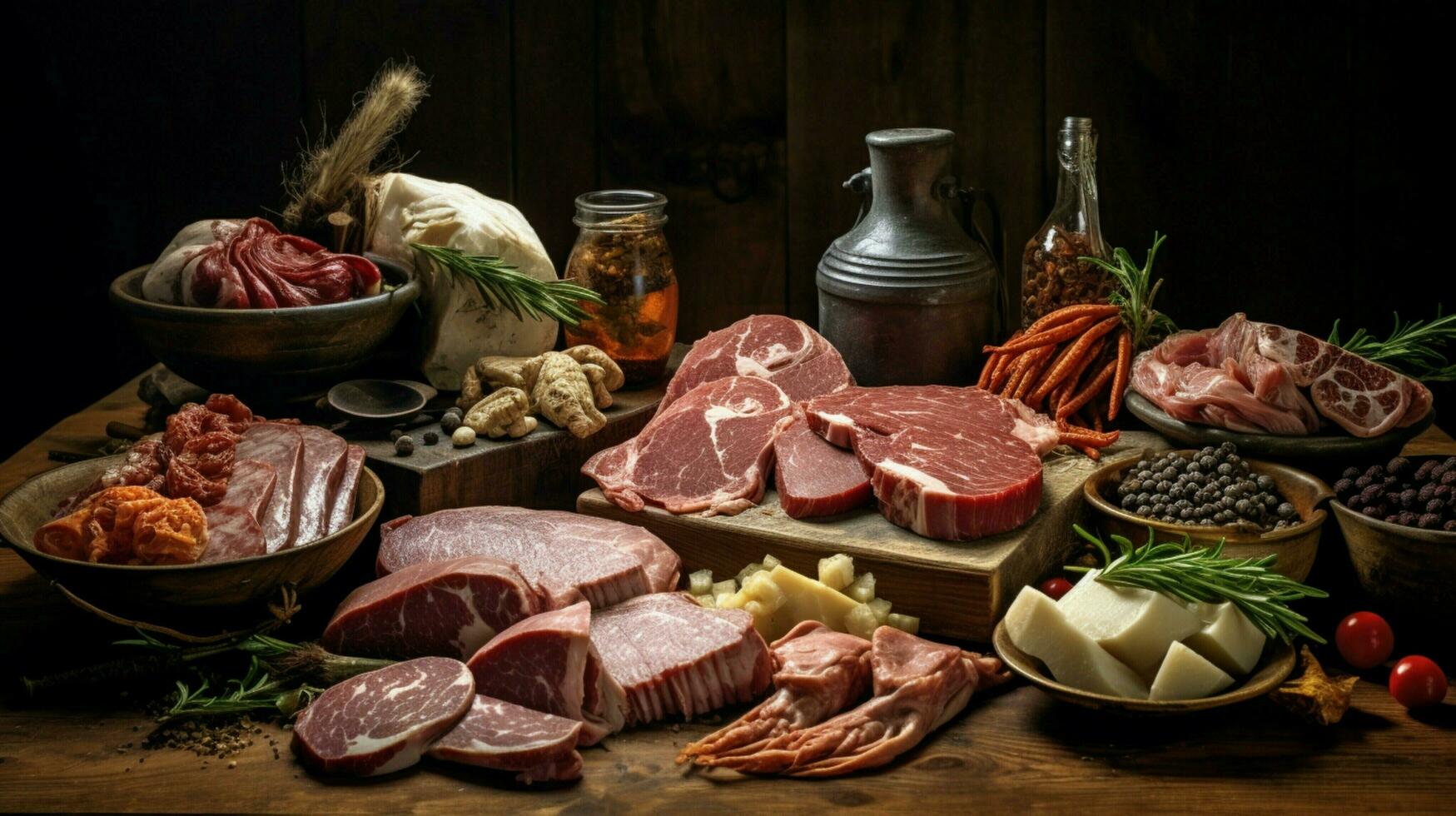 freshness and variety on a rustic table gourmet meat photo