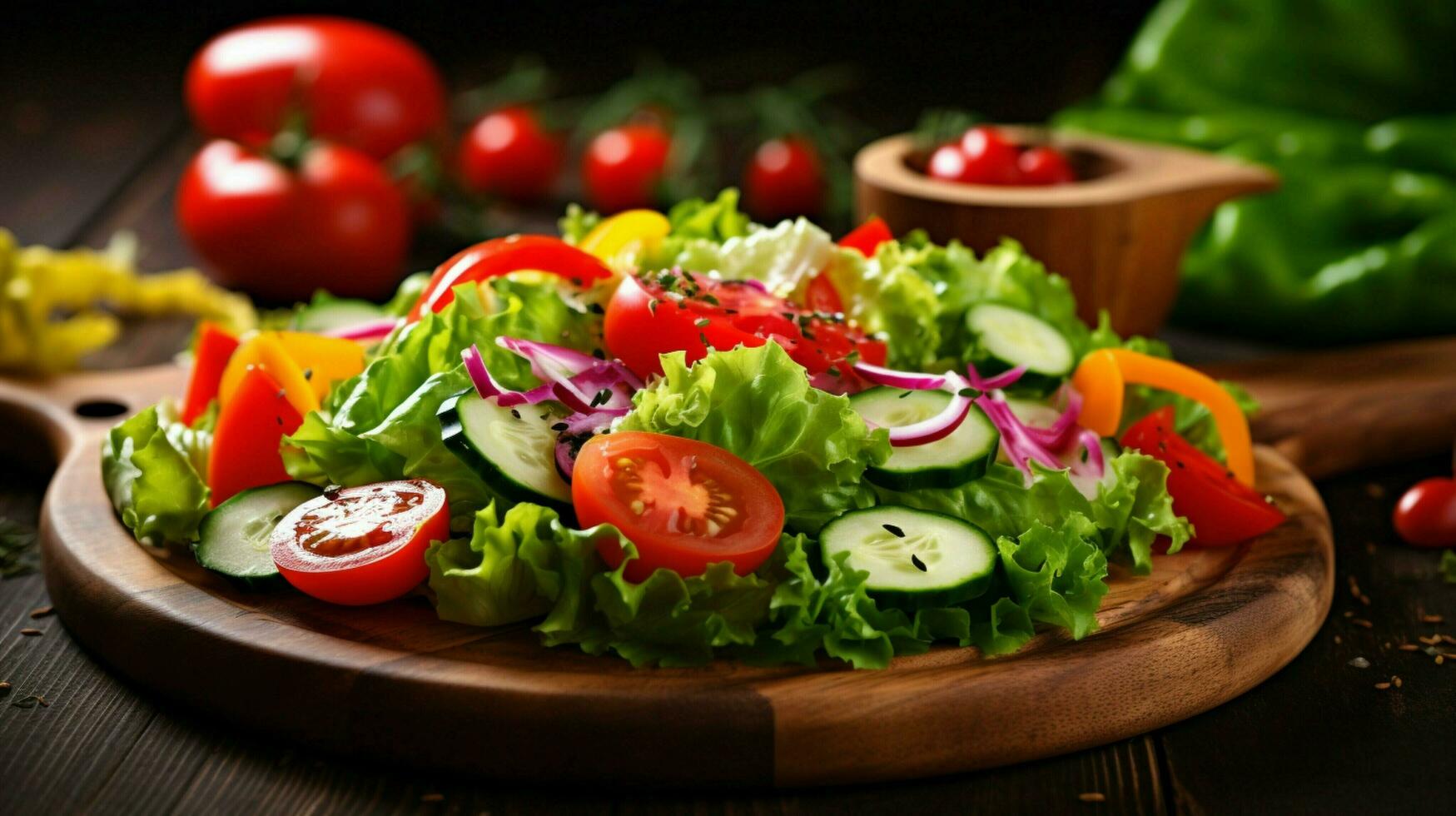 freshness on a wooden table healthy salad with organic photo