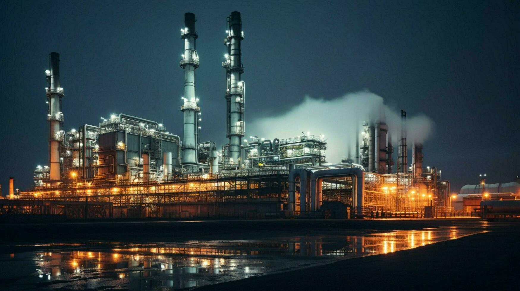 fuel refinery illuminated at night with pipelines photo