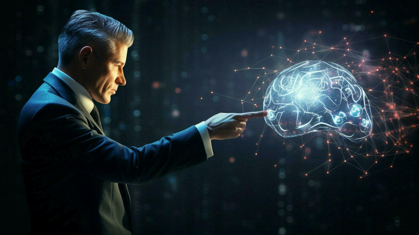 futuristic businessman pointing to glowing abstract brain photo