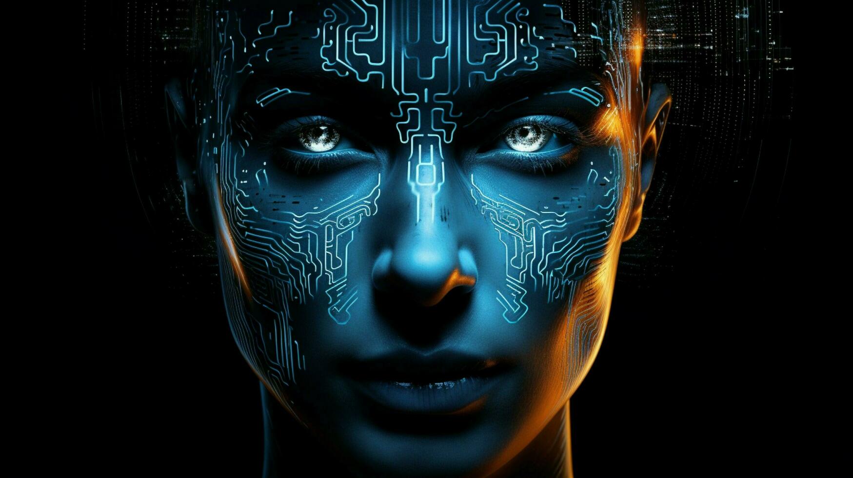 futuristic computer graphic of glowing human face photo