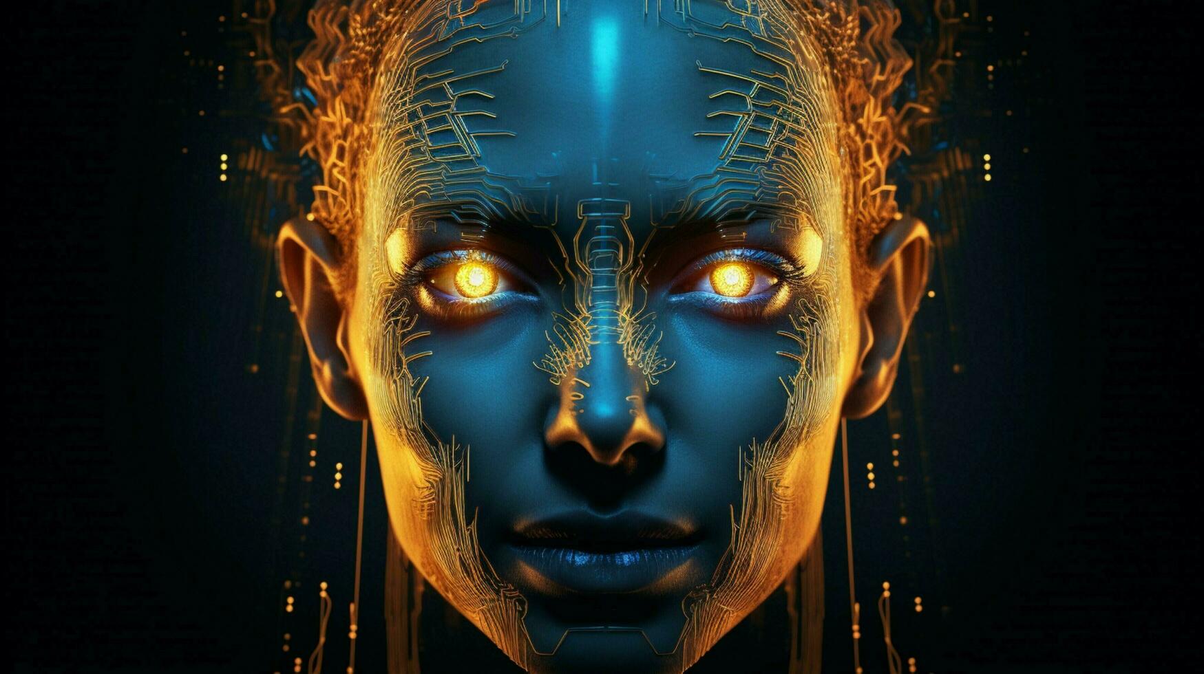 futuristic computer graphic of glowing human face photo