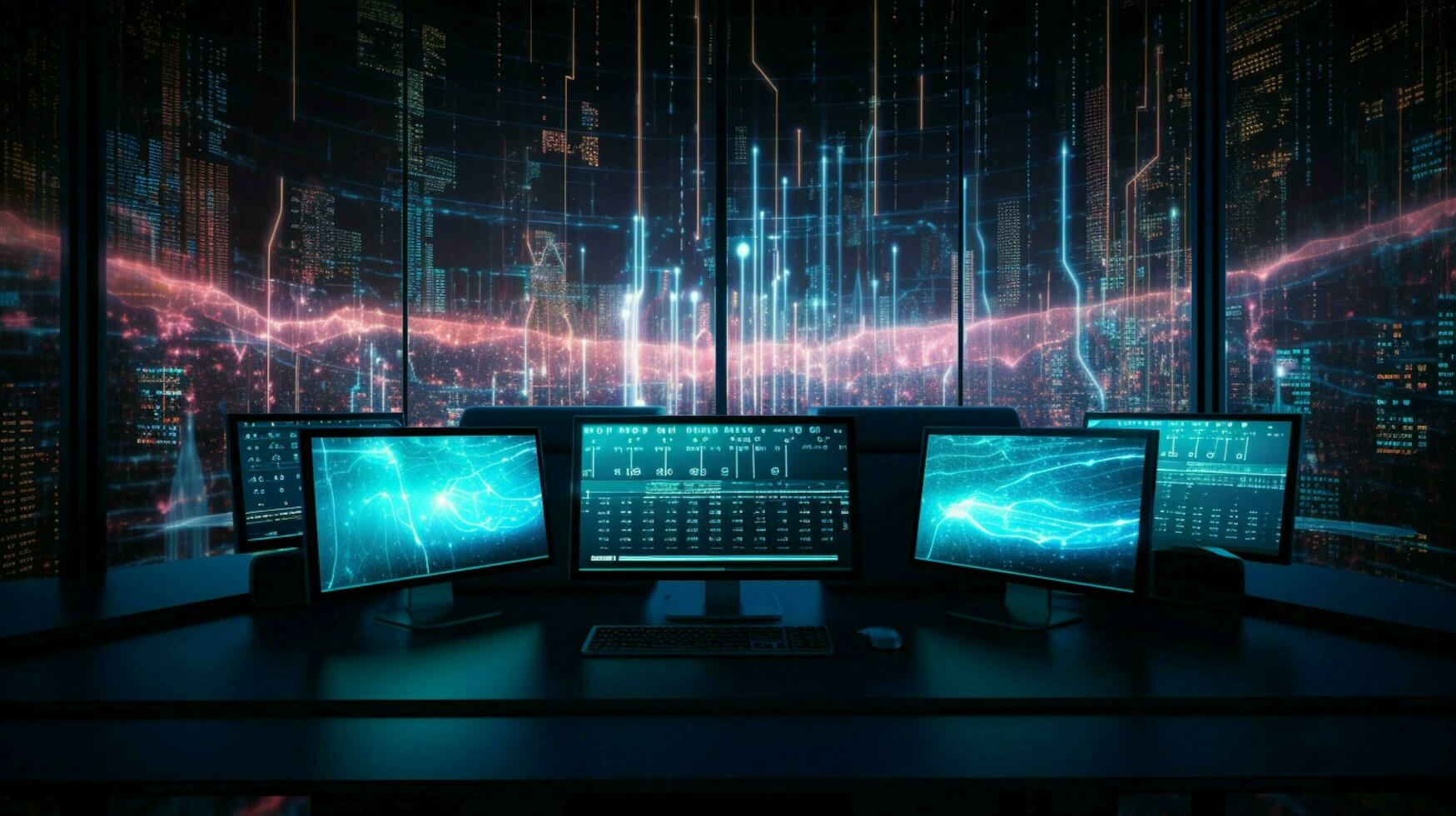 futuristic computer monitors display galaxy glowing data photo