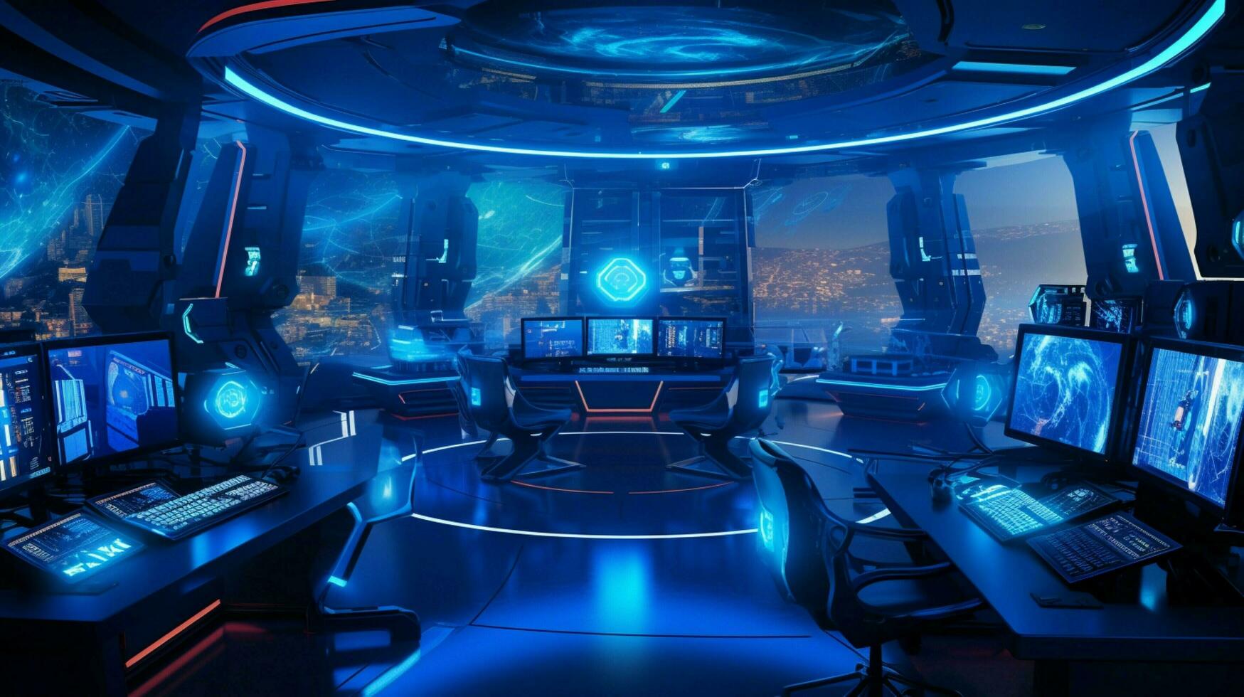 futuristic computer lab with bright blue lighting photo