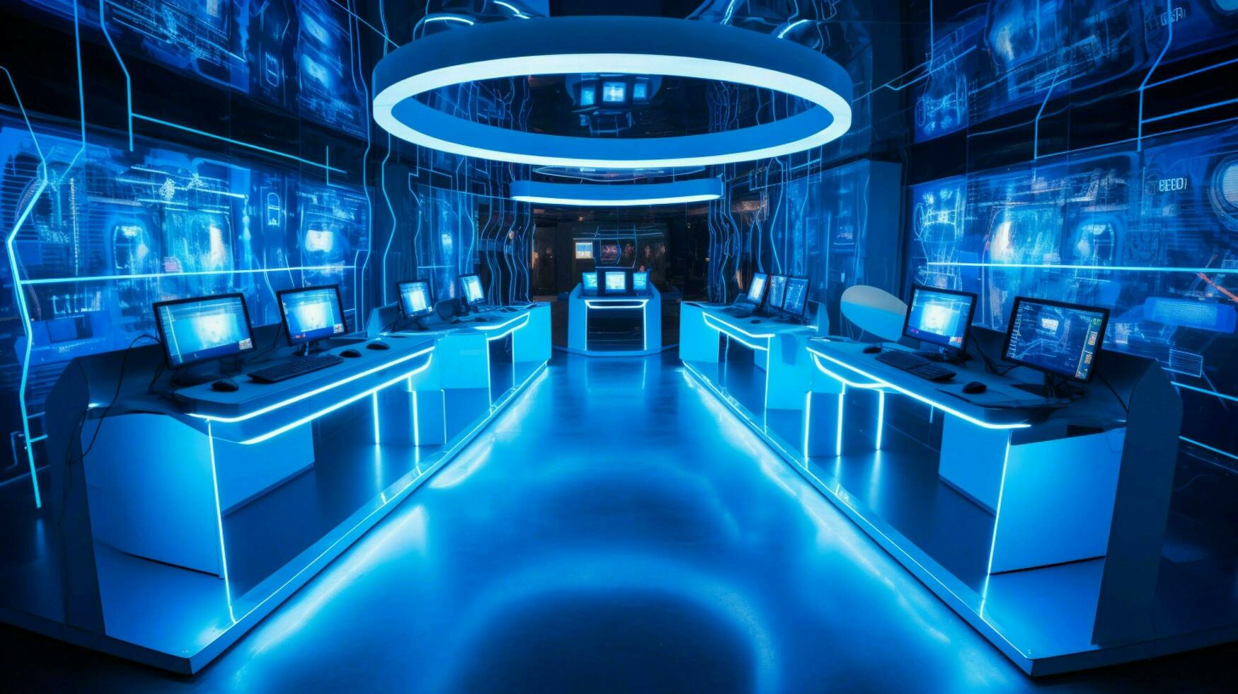 futuristic computer lab with bright blue lighting photo