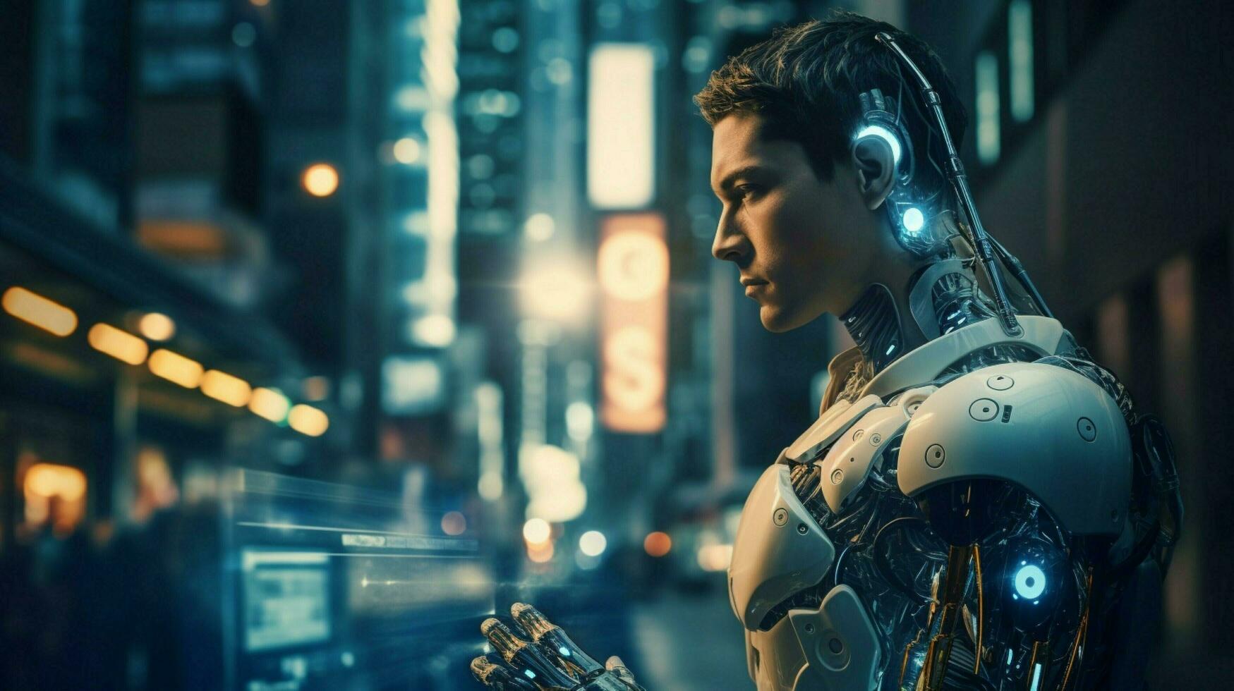 futuristic cyborg with robotic arm stands illuminated photo