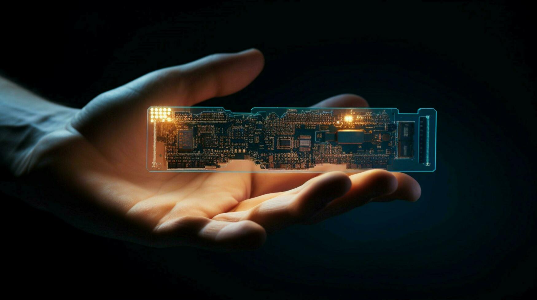 futuristic human holding complex computer chip capacitor photo