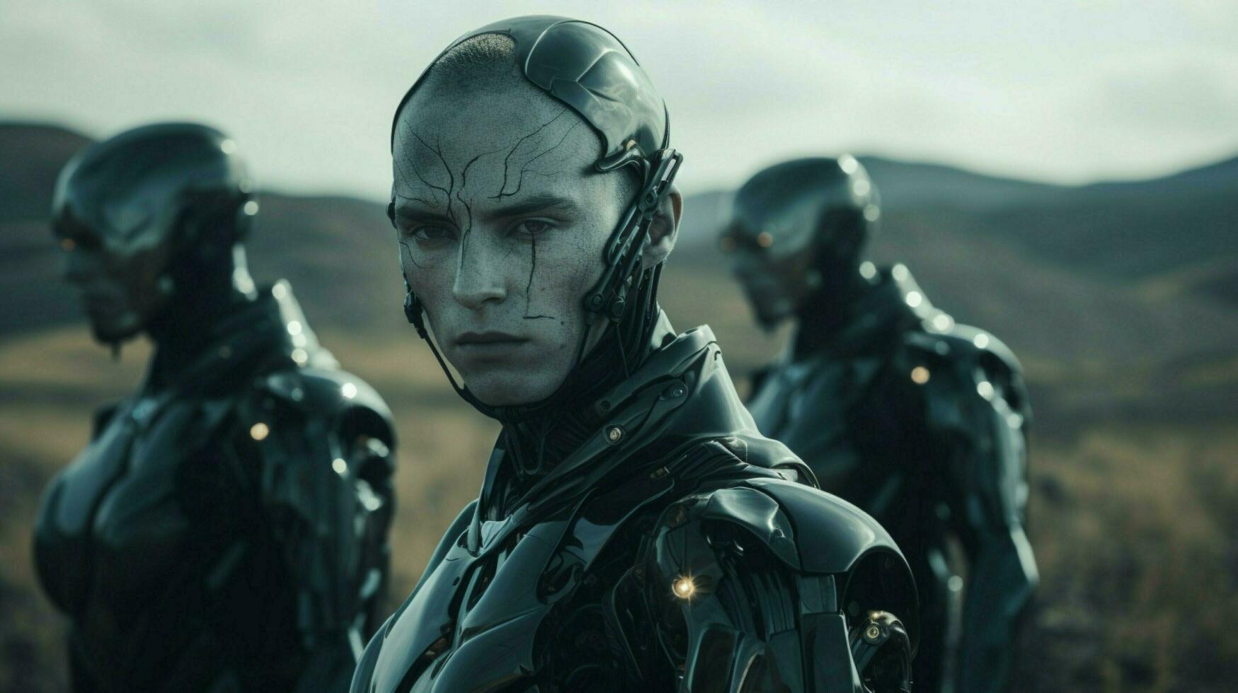 futuristic men explore galaxy with armed robot army photo