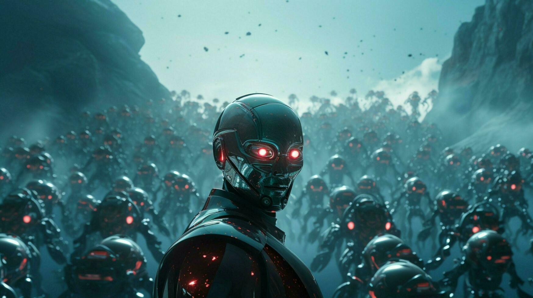 futuristic men explore galaxy with armed robot army photo