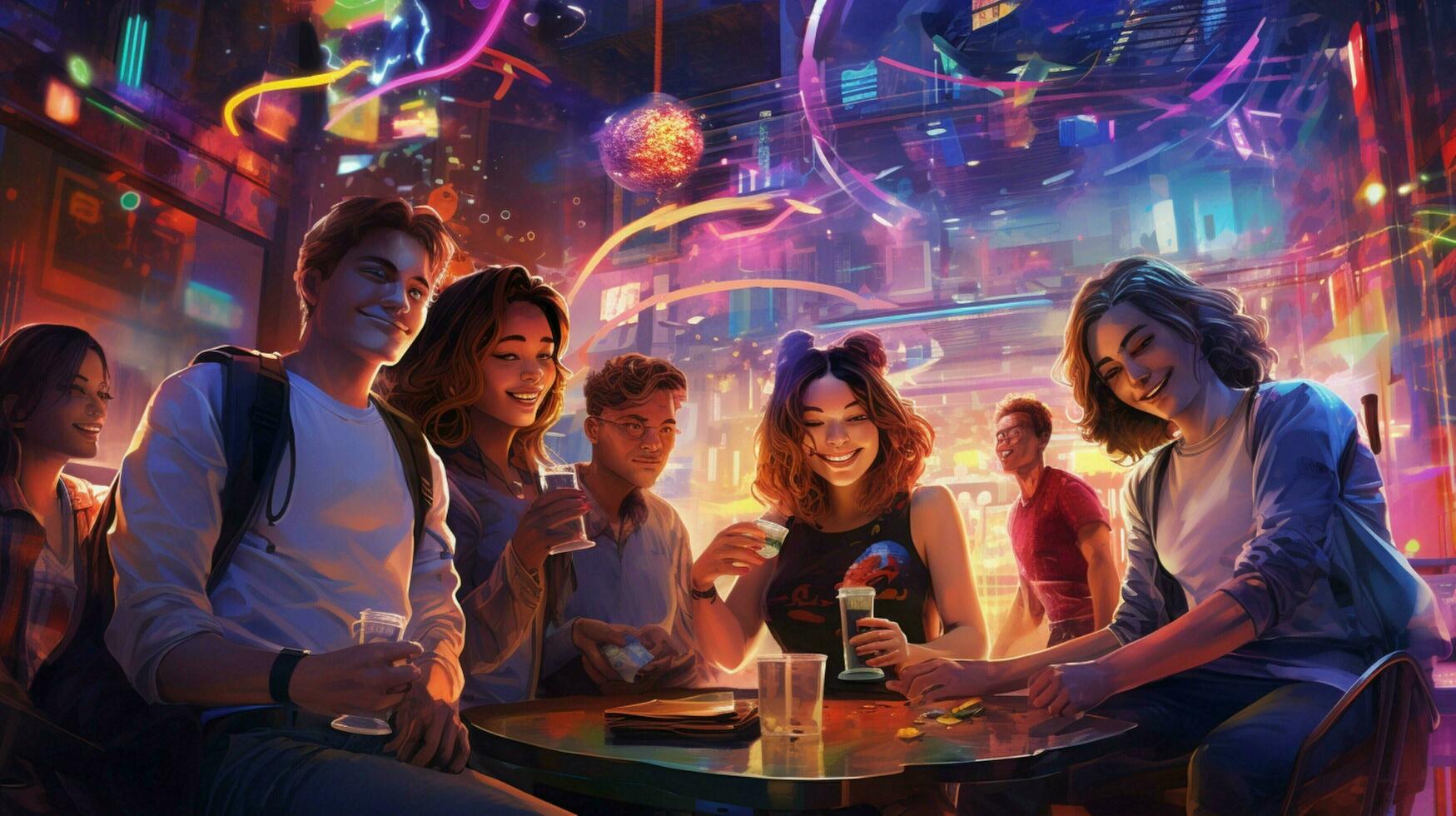 futuristic nightlife young adults glowing with happiness photo