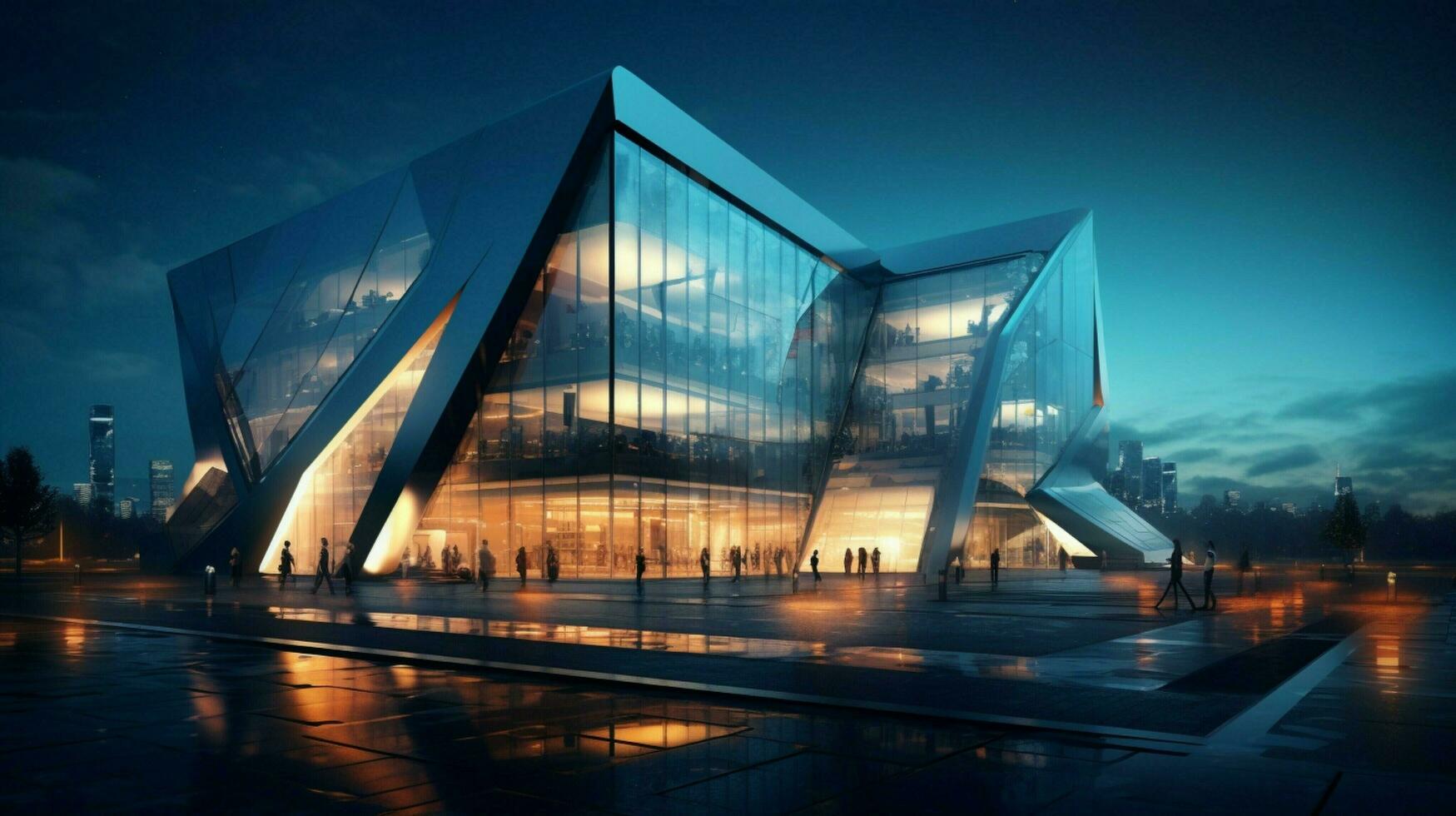 futuristic office building with steel and glass illuminated photo