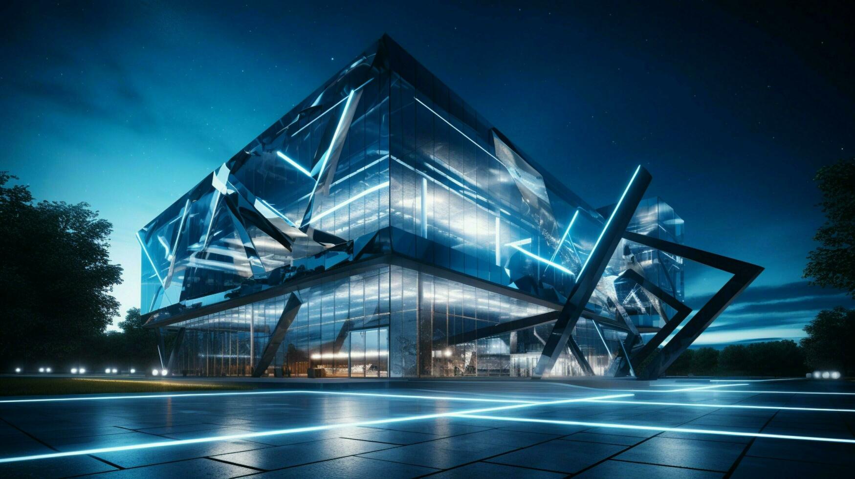 futuristic office building with steel and glass illuminated photo