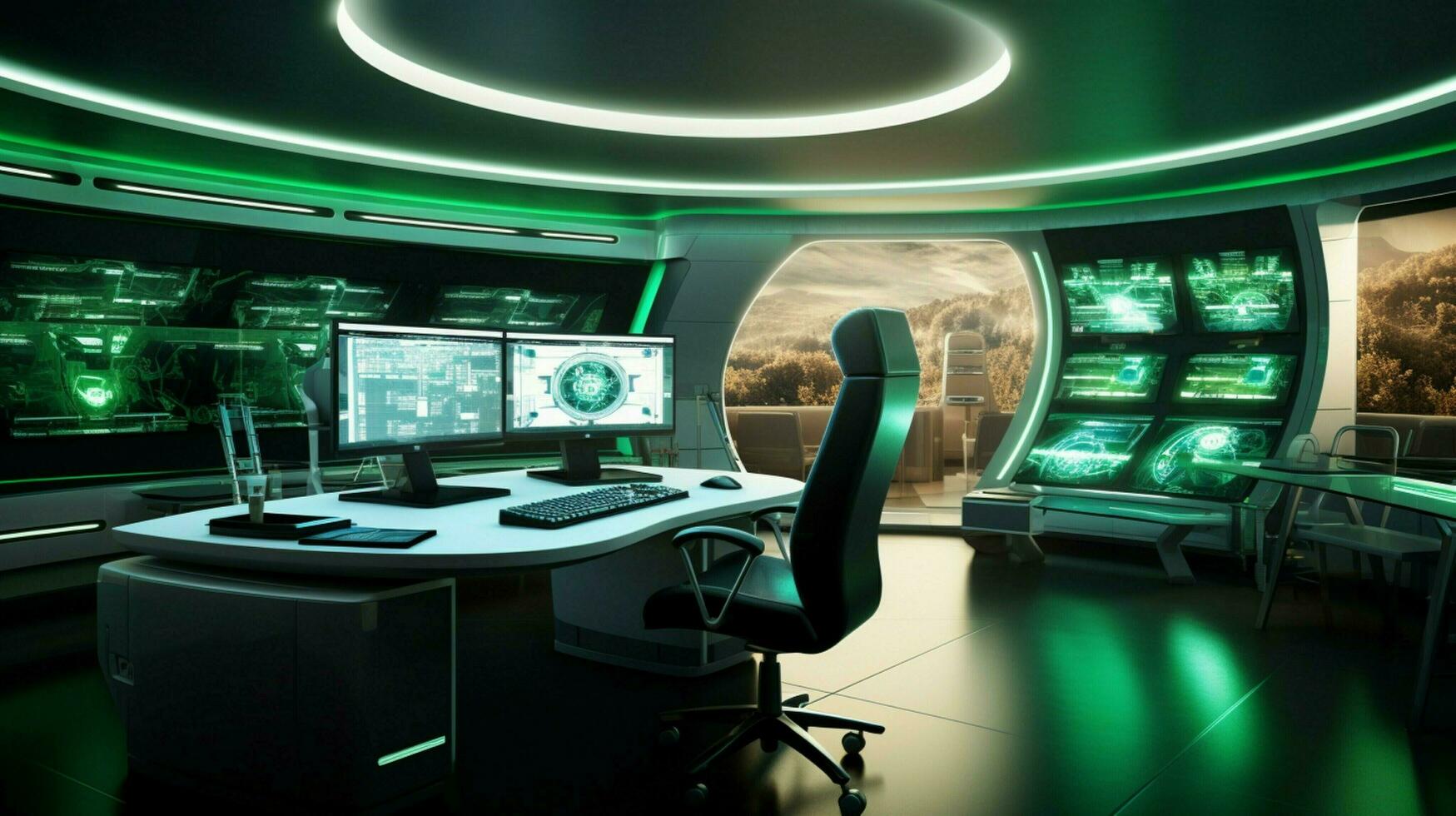 futuristic office design with glowing computer equipment photo