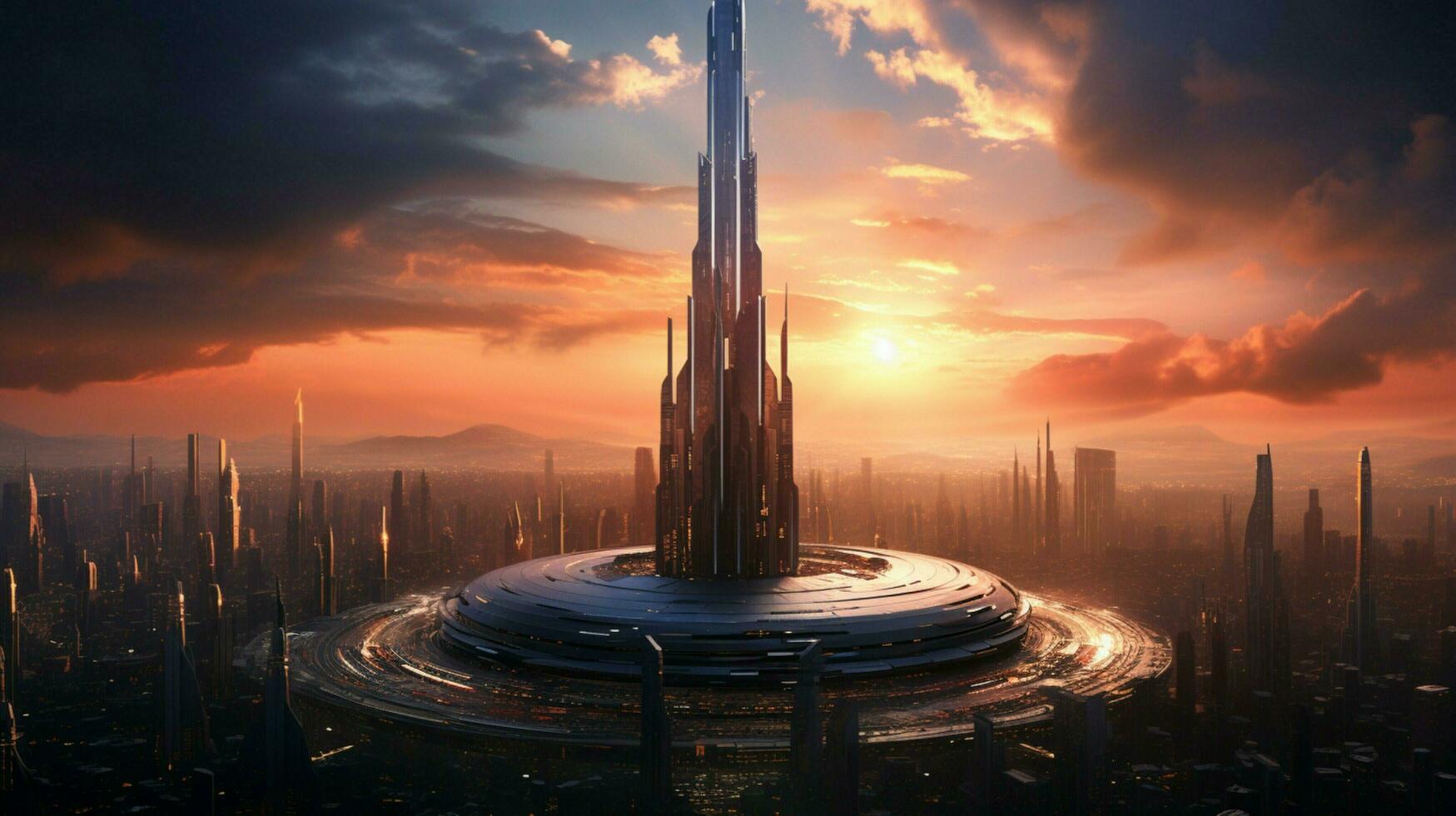 futuristic skyscraper dominates city skyline as sun sets photo