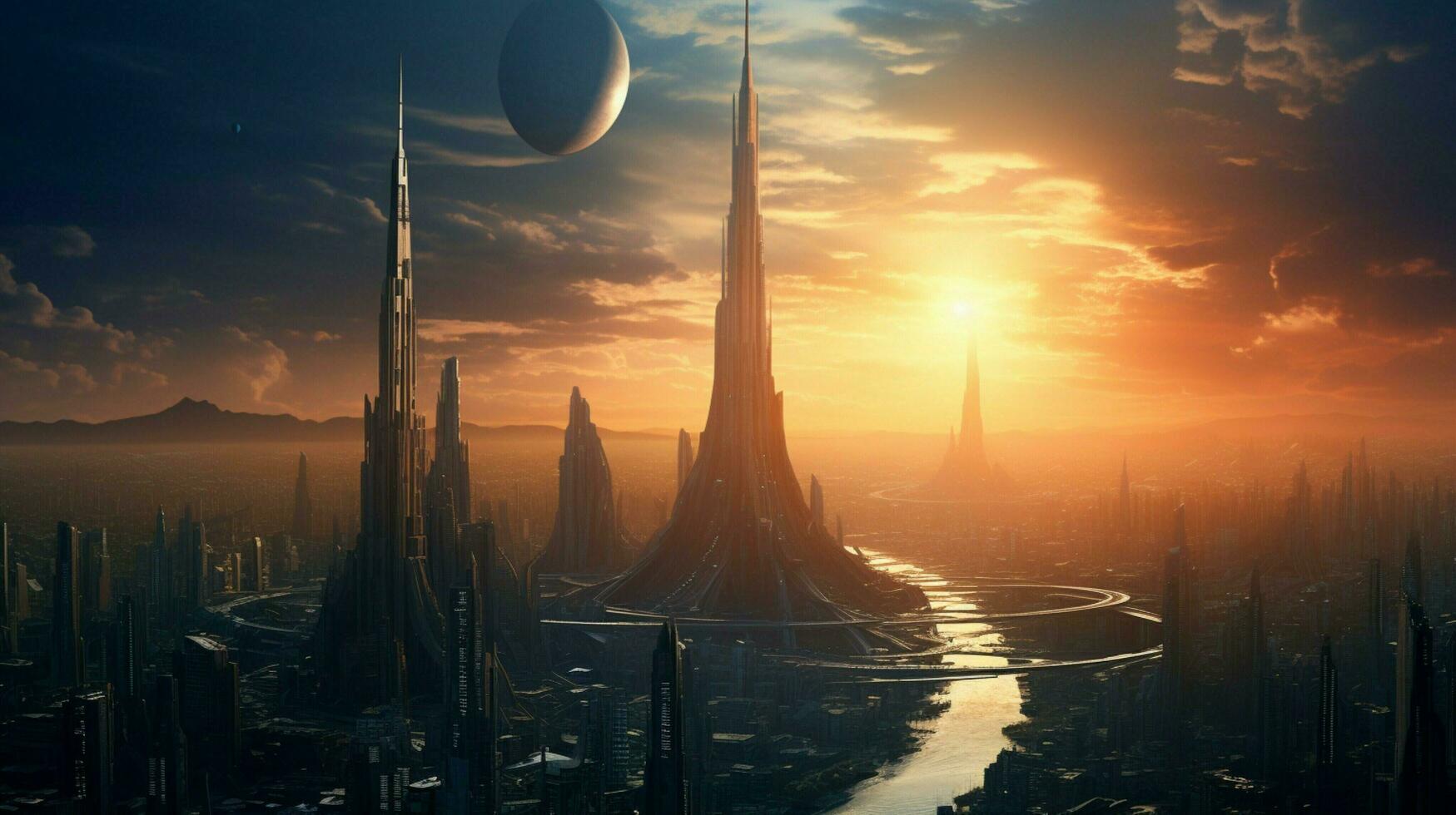 futuristic skyscraper dominates city skyline as sun sets photo