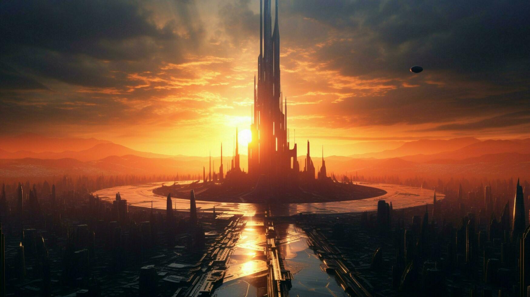 futuristic skyscraper dominates city skyline as sun sets photo
