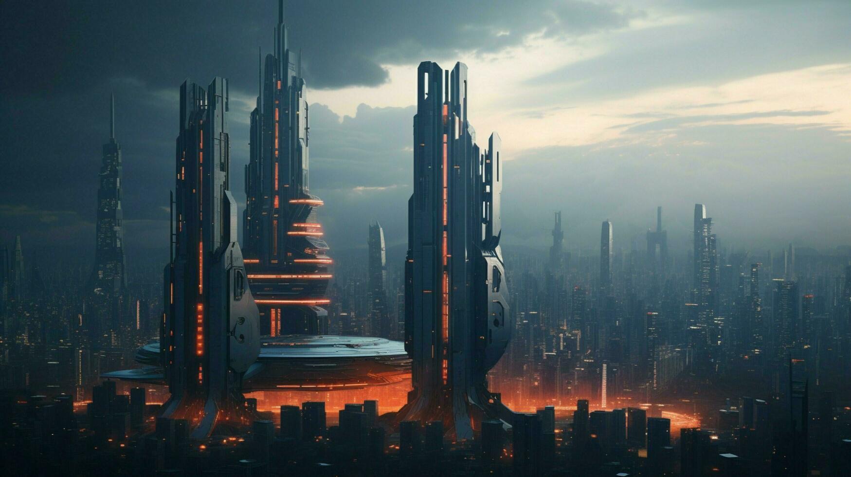 futuristic skyscraper reflects city life at dusk photo
