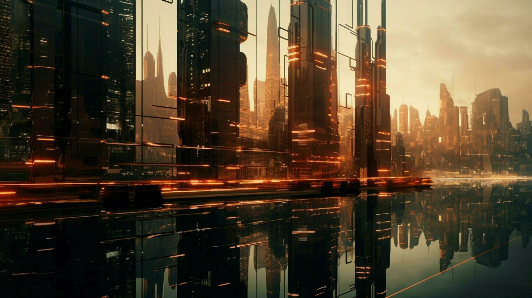 futuristic skyscraper reflects city life at dusk photo