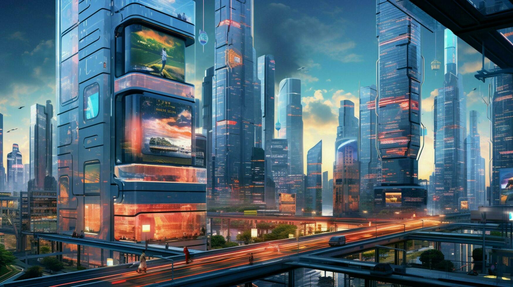 futuristic skyscraper reflects vibrant city life at dusk photo