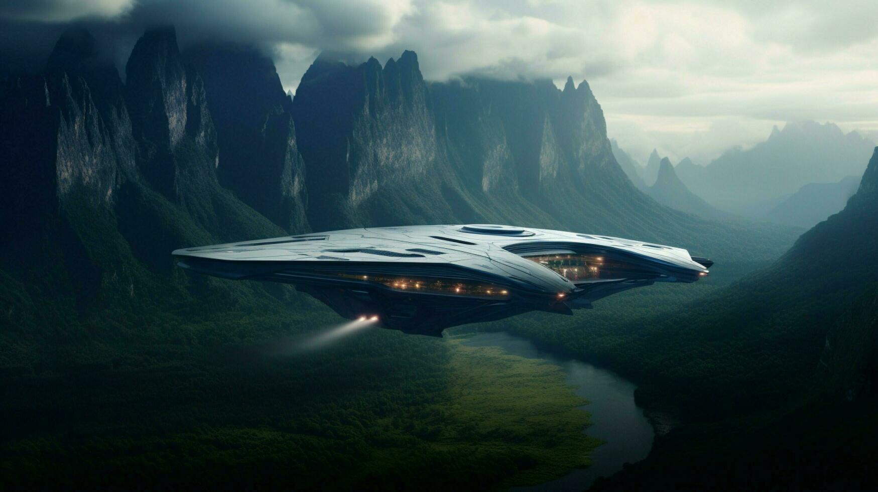 futuristic spaceship boldly explores mountain range lands photo