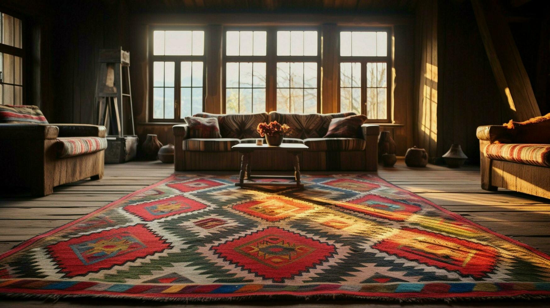 geometric patterns of turkish kilims decorate floor photo