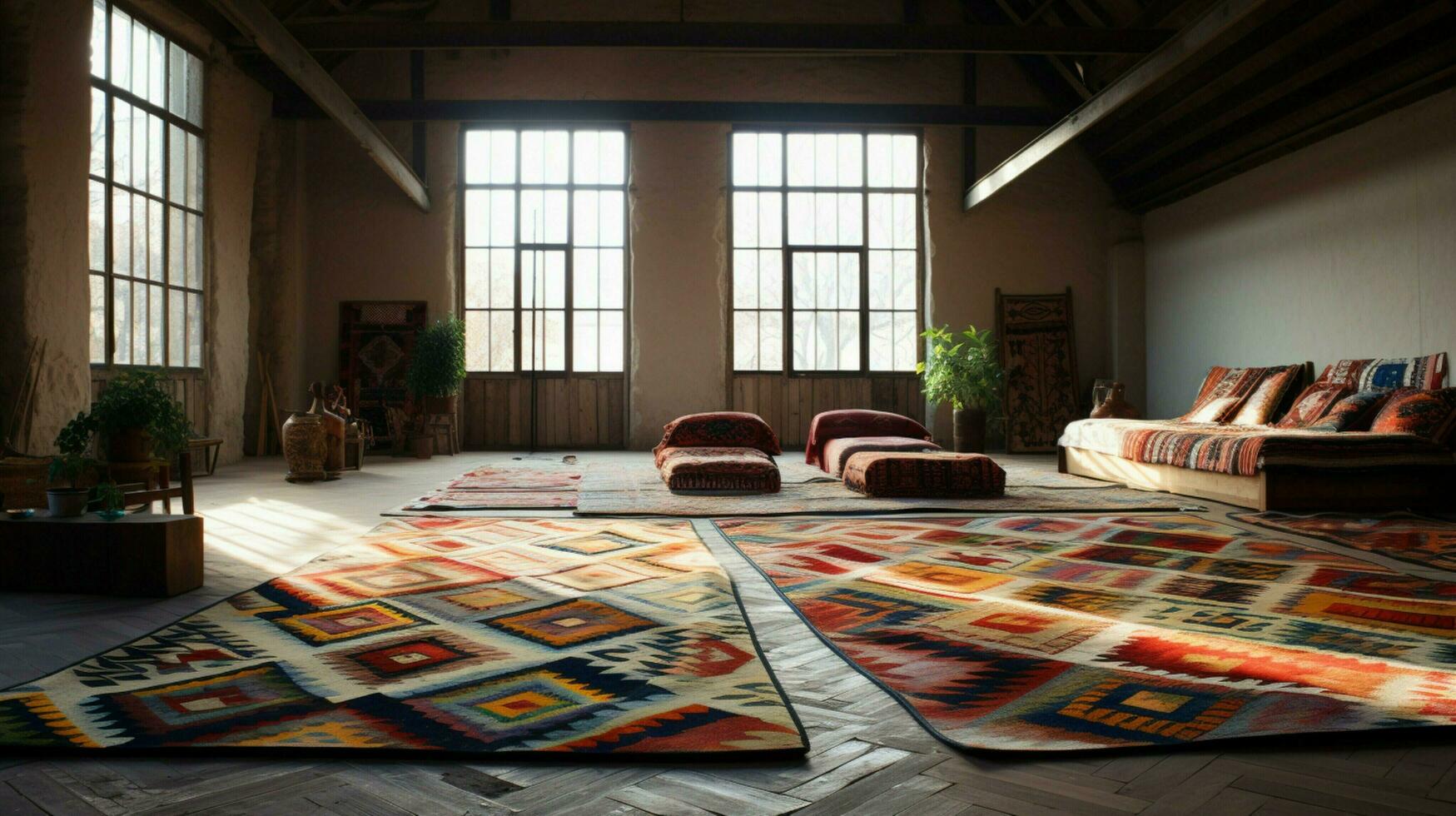 geometric patterns of turkish kilims decorate floor photo