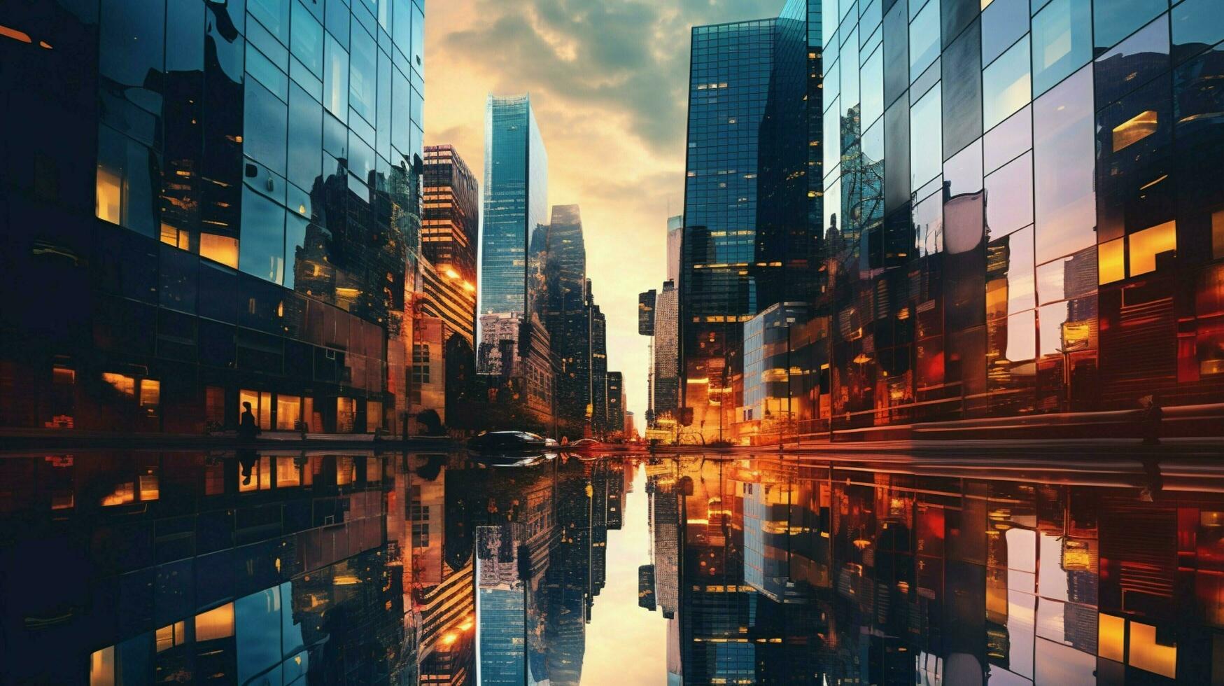 glass skyscrapers reflect city life at dusk photo