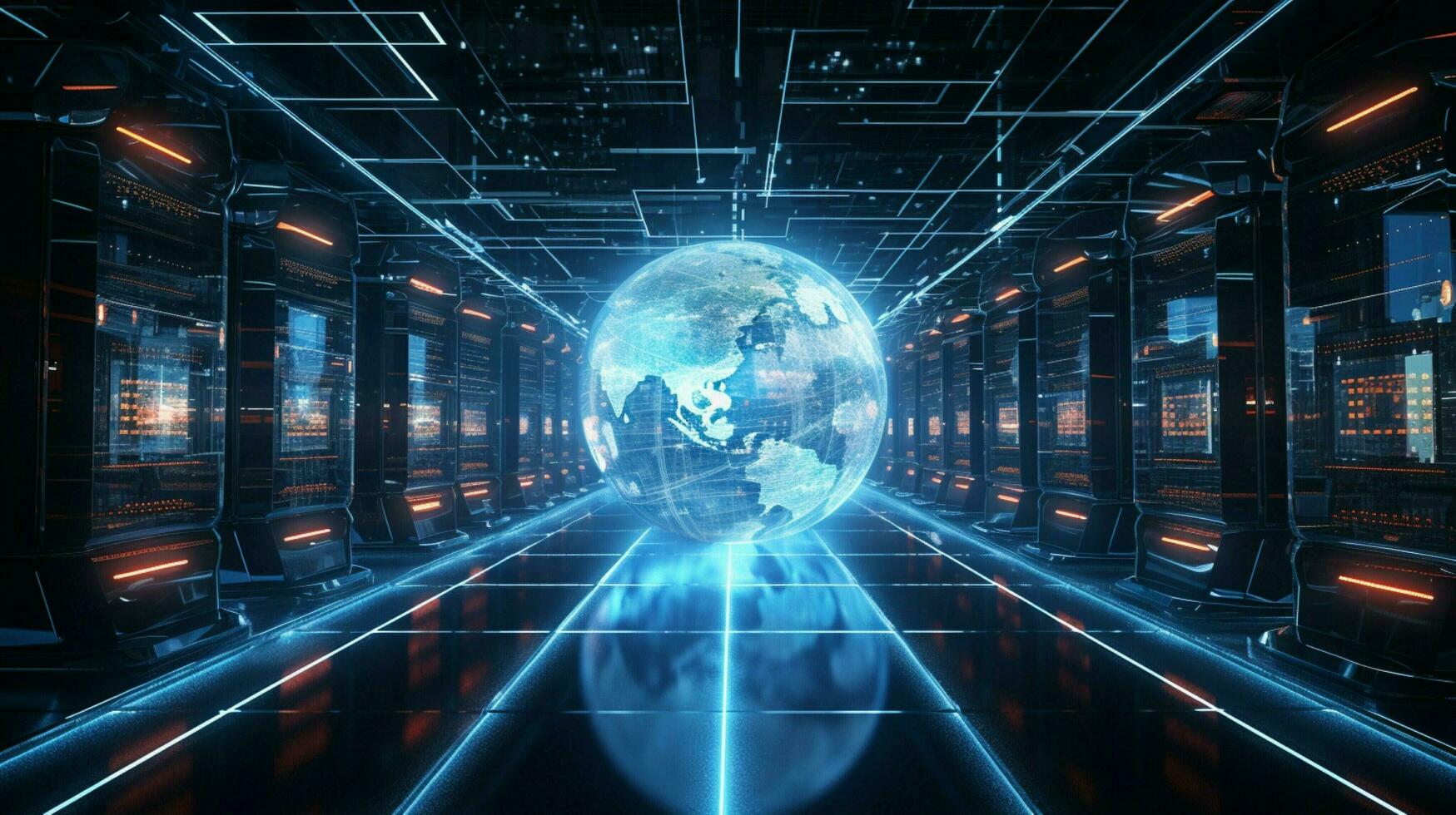 global communication equipment in futuristic server room photo