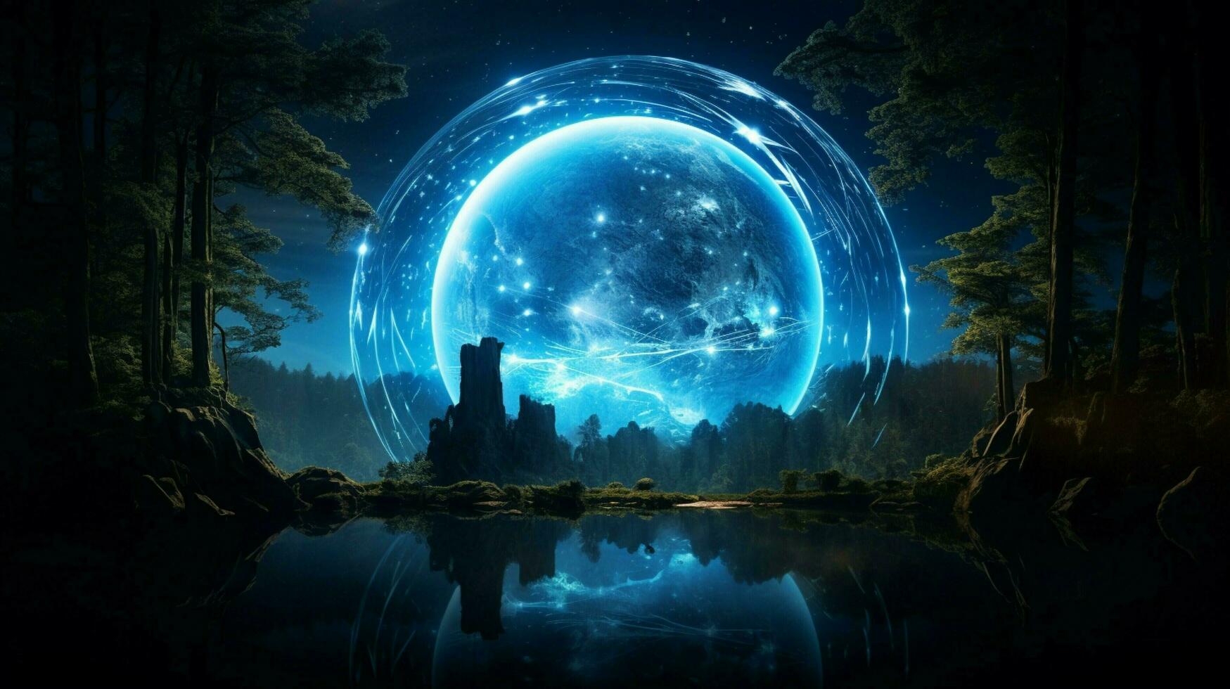 glowing blue sphere orbits earth illuminating nature photo