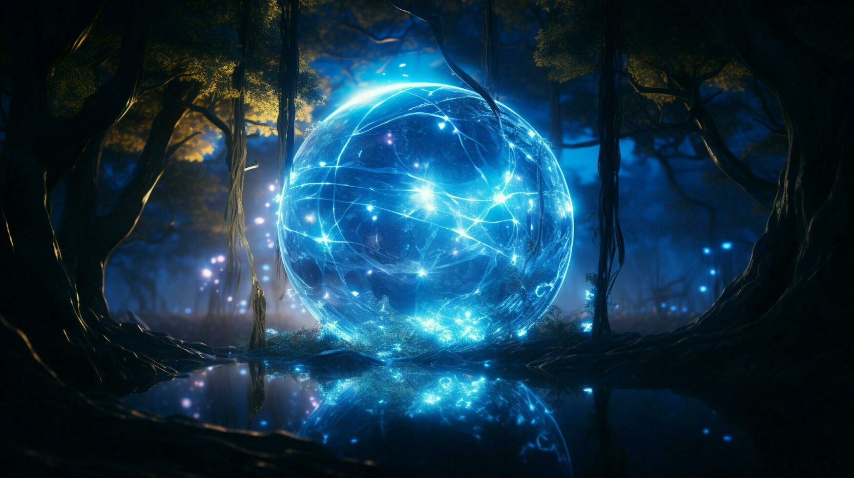 glowing blue sphere orbits earth illuminating nature photo