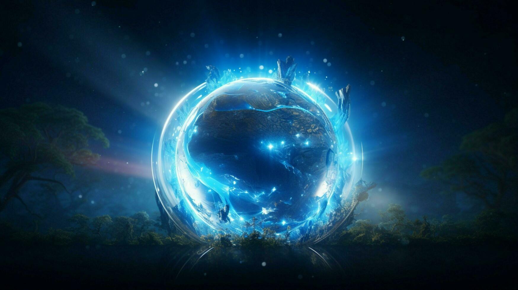 glowing blue sphere orbits earth illuminating nature photo