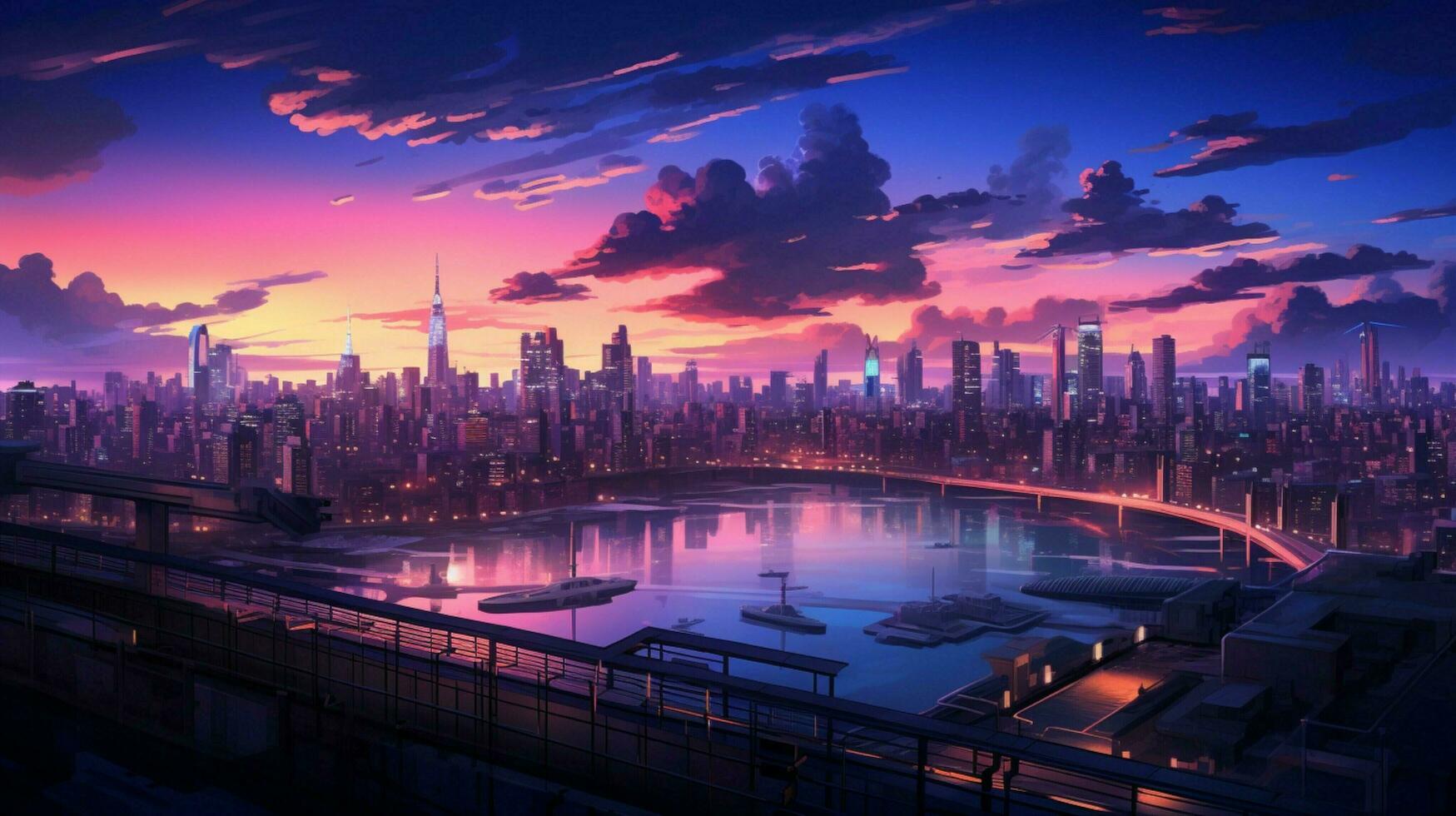 glowing cityscape at dusk modern and futuristic photo