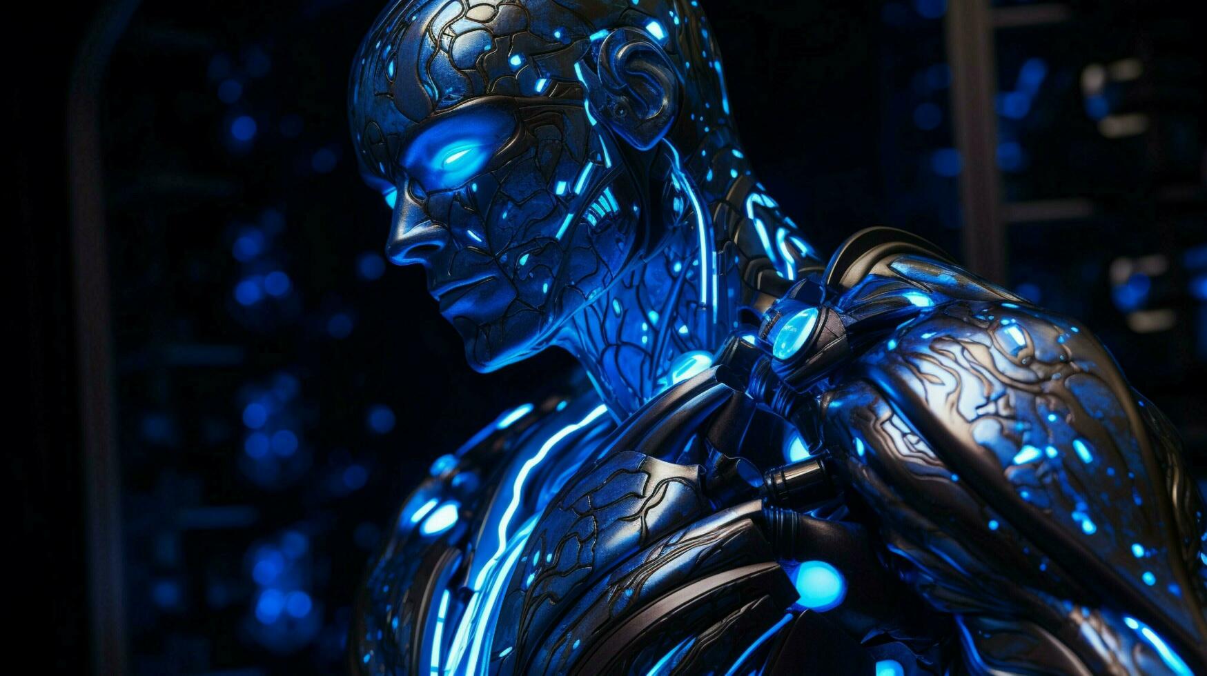 glowing cyborg statue illuminated in blue mystery photo